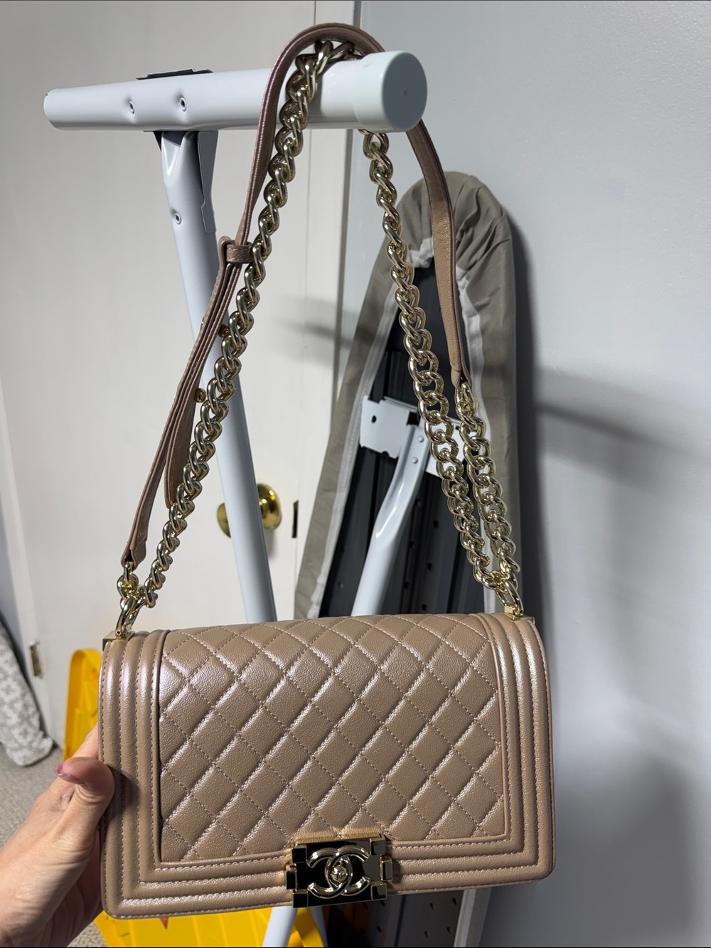 CHANEL Quilted Lambskin Boy Shoulder Bag in Taupe Beige with Silver Hardware - Picture 6 of 9